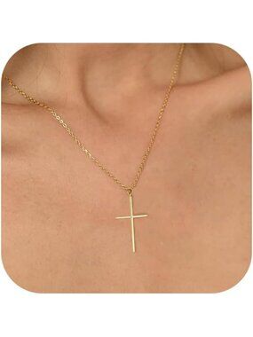 Women's 14k Gold Silver Simple Cross Necklace Dainty Choker Christian Faith Gift
